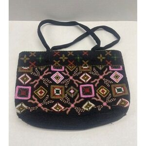 Comeco Beaded Shoulder Bag Black Multicolor Boho Ethnic Pattern Purse